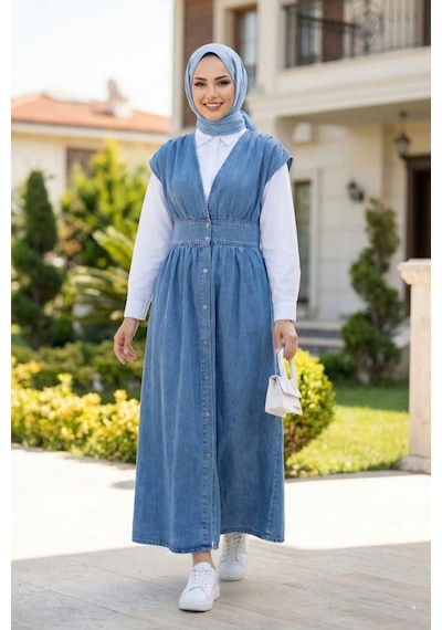 Hb Harma Time Butik Kadın V Yaka Düğmeli Açık Kot Mavi Jile Açık Mavi Açık Mavi