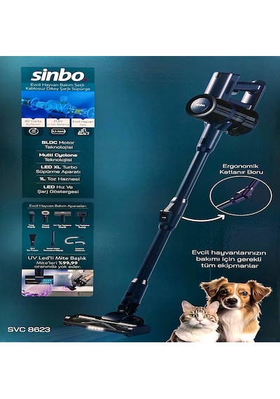 Sinbo SVC-8623 Evcil Hayvan Bakım Setli Kablosuz Dikey LED Aydınlatmalı Şarjlı Süpürge