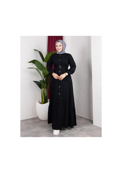 Hb Harma Time Butik Kadın Düğmeli Kuşaklı Denim Siyah Kot Elbise Siyah Siyah
