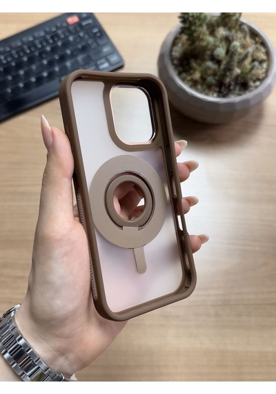 Apple Uyumlu iPhone 16 Standlı Ve Yüzüklü Magsafe Kılıf Soocase721 Kahverengi