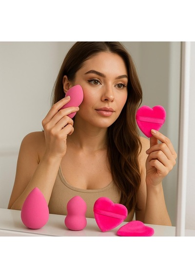 Lexroo Pembe 5 Adet Güzellik Makyaj Süngeri Seti 3 Adet Sünger + 2 Adet Kalpli Pudra Fondöten Bb