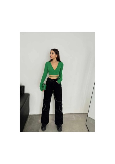 Kene Jeans Yüksek Bel Bacak Yıldızlı Bol Paça Jeans Siyah