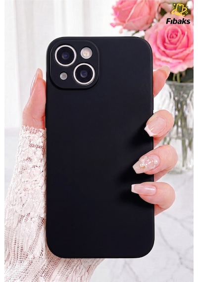 Fibaks iPhone 14 Plus/15 Plus Uyumlu Kılıf Kamera Korumalı Lansman Içi Kadife Yumuşak Liquid Silikon Siyah
