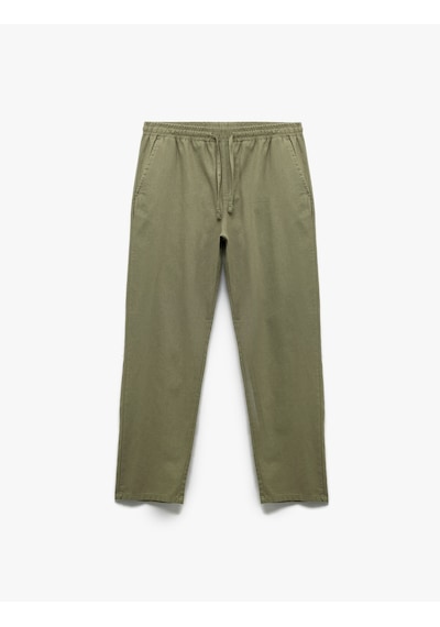 Koton Beli Bağcıklı Cep Detaylı Keten Pamuk Karışımlı Pantolon Khakı 5sam40181hw Haki