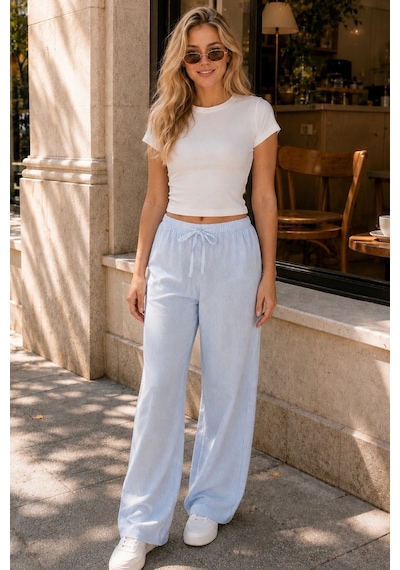 Siyah İnci Üst Pamuklu Fitilli Kaşkorse T-shirt İnce Soft Örme Pijama Takımı 8047 Mavi Çizgili Siyah İnci Üst Pamuklu Fitilli Kaşkorse T-shirt İnce Soft Örme Pijama Takımı 8047 Mavi Çizgili