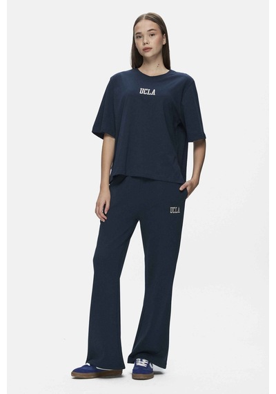 Ucla Manuela Lacivert Bisiklet Yaka Tshirt Nakışlı Loose Fit Kadın Tshirt Lacivert