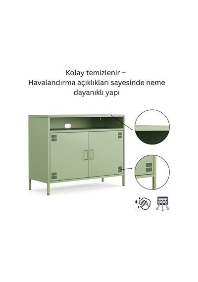 Pera Tv Ünitesi, Tv Dolabı,2 Kapaklı, Açık Raflı 100,50 X 40 X 79,50 Cm Ral 6011 Yeşil