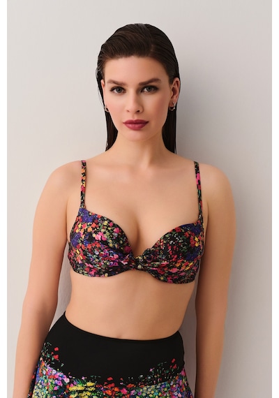 Suwen Garden Önden Bağcıklı Full Dolgulu Bikini Üst Sb2564011061106 Siyah Çiçek Desenli
