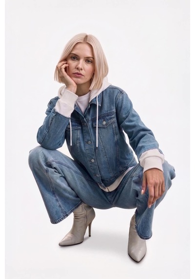 Kadın Düğmeli Sweat Jean Ceket mavi