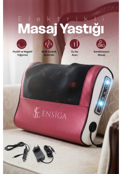 Elektrikli Masaj Yastığı Isıtmalı Yoğurmalı Kademeli Boyun Bel Sırt Araç Çakmaklıklı Adaptörlü Kırmızı