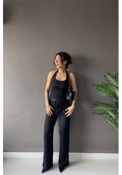 Vadon 1010 Kadın Bürümcük Dokulu Halter Yaka Crop Atlet Bol Paça Pantolon Takım Siyah