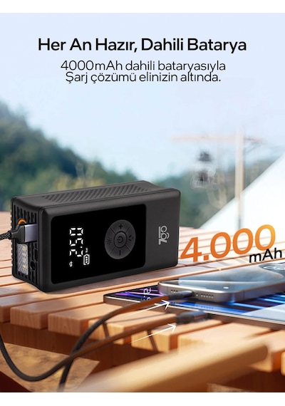 7go 7a3 Hava Pompası & Powerbank 150 Psı Ultra Basınç, Led Işıklı, Lcd Ekranlı, 4000mah Taşınabili