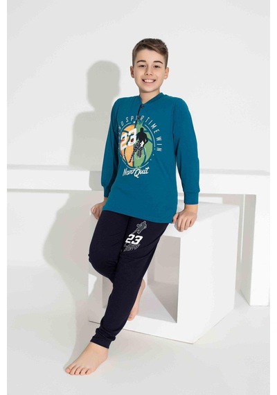 Tarık Erkek Çocuk Basketbol Desenli Uzun Kollu Pijama Takımı-956 Mavi