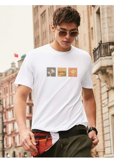 Oversize Unisex Palm Tree Tee Baskılı Bisiklet Yaka Beyaz T-shirt Beyaz