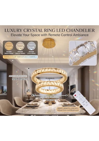 Ala Lighting Plaket Kristal Taş İşlemeli Gold Paslanmaz 2 Halka Led Avize Kumandalı Modern Sarkıt Avize Altın - Gold