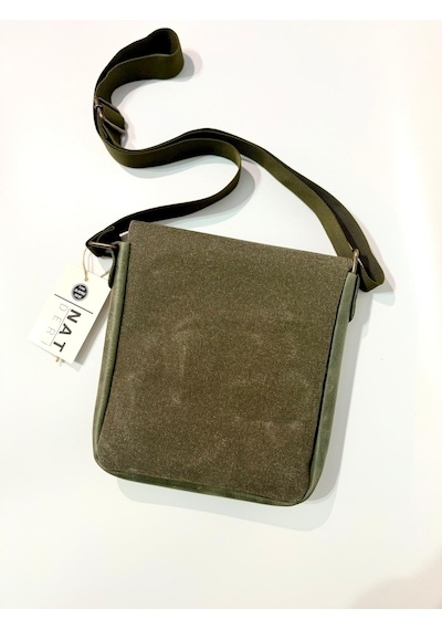 Natderi Hakiki Deri Ve Kanvas Omuz Çantası 20x21 Cm Ayarlanabilir Askılı, Ön Cepli Unisex Günlük Çanta Haki