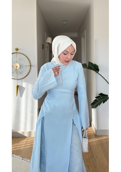 Esra Butik78 İnce Modal Kumaş Parçalı Arkadan Bağlama Detaylı Tunik Kahverengi, Bebe Mavisi & Bej 130 Cm Mavi