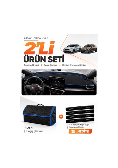 E-biz Cupra Formentor 2020-2026 Uyumlu Torpido Örtüsü + Deri Bagaj Çantası - Siyah-mavi - Se011