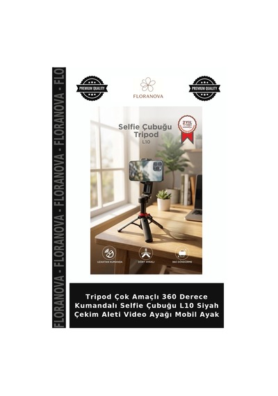 Tripod Çok Amaçlı 360 Derece Kumandalı Selfie Çubuğu L10 Siyah Çekim Aleti Video Ayağı Mobil Ayak