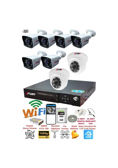 Fury 2 İç 6 Dış Kameralı 5mp Lens 2mp Görüntü Gece Görüşlü Full Hd Güvenlik Kamerası 14125525 500 Gb
