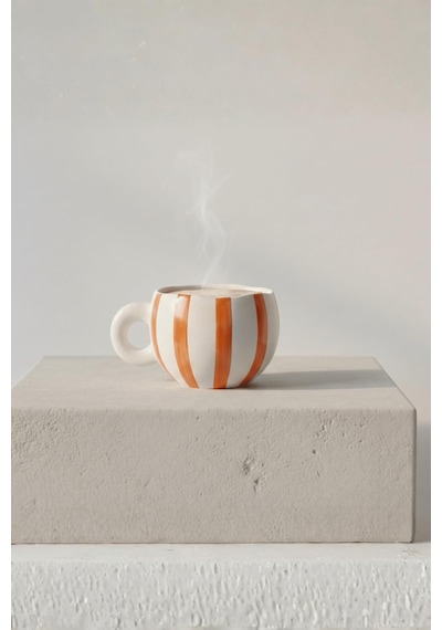 El Yapımı Seramik Turuncu Çizgili 400 Ml Çay Kahve Mug Kupası Mıt1323 Beyaz - Çok Renkli