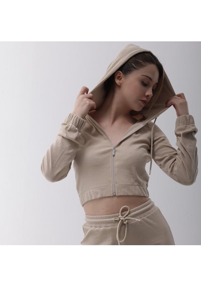 Kaşkorse Bej Fitilli Fermuarlı Sweatshirt Bej