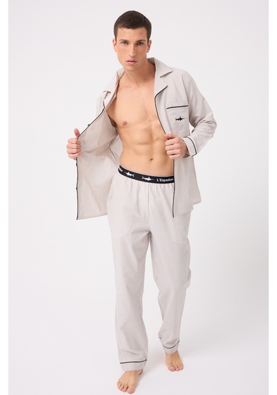 L'espadon Marısılk Premium Dokuma Uzun Kollu Uzun Paçalı Erkek Pijama Takımı-3203 Bej