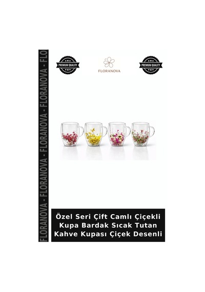 Özel Seri Çift Camlı Çiçekli Kupa Bardak Sıcak Tutan Kahve Kupası Çiçek Desenli Çok Renkli