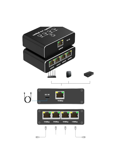 Gigabit Ethernet Splitter Lan Switch 4 Port, Tip C Güç Kablosu, 1000mbps Rj45 Ağ Dağıtıcı