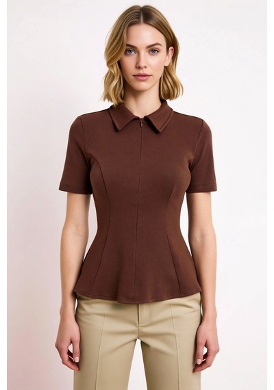 Benerly Kadın Bluz Peplum Polo Yaka Kısa Kol İnterlok Örme Düz Desen Yarı Koyu Kahverengi