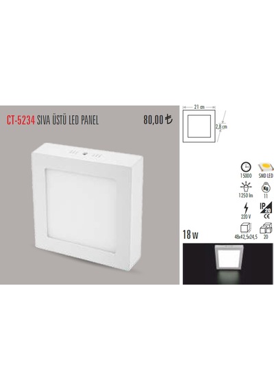 Ct-5234 18W/6400K Sıvaüstü Led Armatür Kare (Beyaz) Cata Diğer