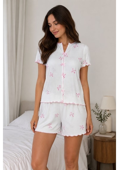 Esra Butik78 Cares Kumaş Fiyonk Desenli Kısa Kollu Şortlu Kadın Pijama Takımı Sarı