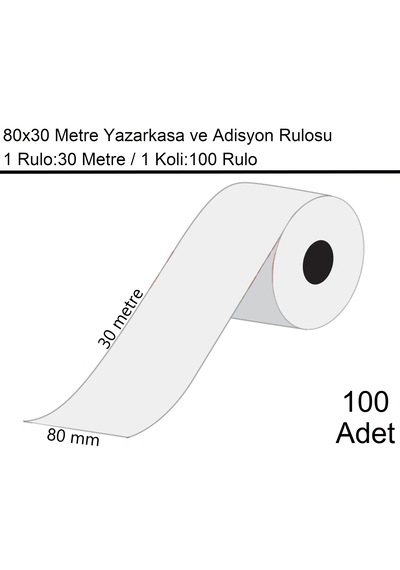 80x30 Metre Termal Yazarkasa Ve Adisyon Rulosu 1 Koli:100 Adet Rulo