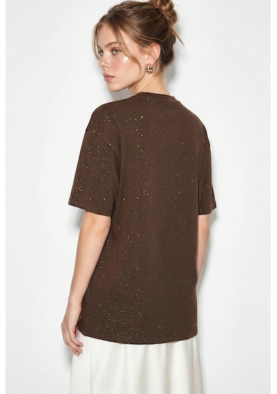 Kadın Yaldız Baskılı Zincir Ve Fular Detaylı Oversize T-shirt 2214 60286293 - Acı Kahve Acı Kahverengi