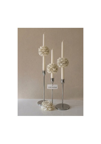Exe Pazar 3 Lü Gümüş Yaldız Beyaz Şakayık Detaylı Şamdan Mumu Ve 3'lü Tealight Seti Beyaz