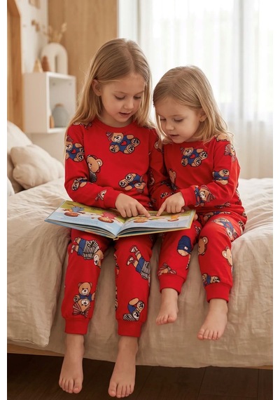 Zuzunga Unisex Kırmızı Renk Ayıcık Desenli Uzun Kollu Pijama Takımı