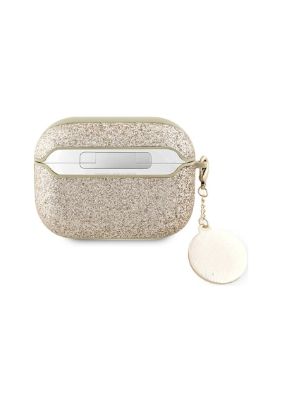 Apple Uyumlu AirPods Pro 2 Kılıf Guess Lisanslı Glitter Elmas Kalp Süs Zincirli Gold
