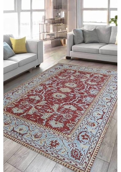 Çam Halı Anatolia 32-073 Etnik Eskitme Desenli Dokuma Tabanlı Yıkanabilir Şönil Salon Ve Oda Halısı Kırmızı
