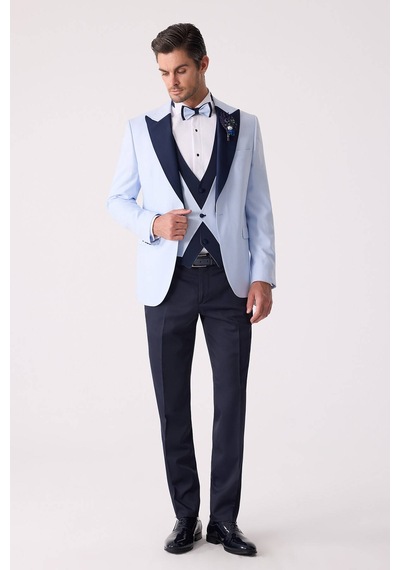 Ysf Erkek Açık Mavi Yelekli Kırlangıç Yaka Slim Fit Damatlık
