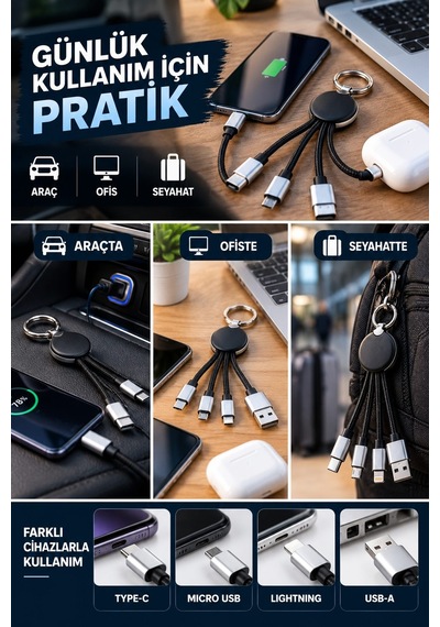 4 Başlıklı Anahtarlık Şarj Kablosu Usb Type-c Lightning Micro Usb Çoklu Şarj Kablosu