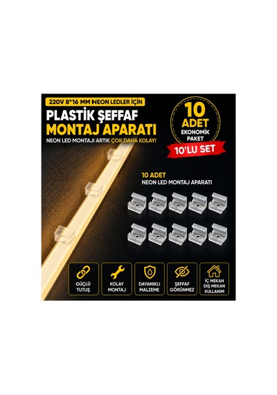 10 Adet Neon Led Tutucu Klips 1 Vidalı Duvar Aparatı,bağlantı Montaj Aparatı,kroşe,plastik Şeffaf Montaj Aparatı