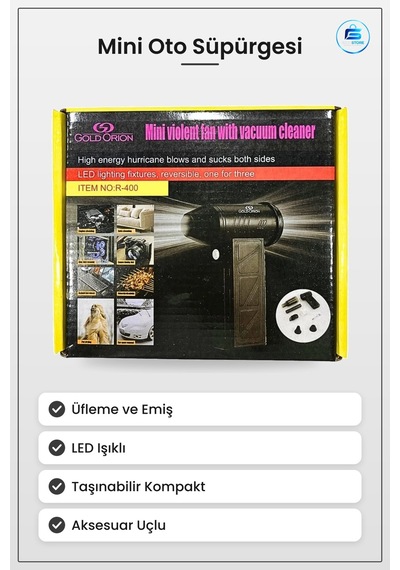 Mini Oto Süpürgesi Üflemeli Emişli Araç İçi Temizlik Led Işıklı T