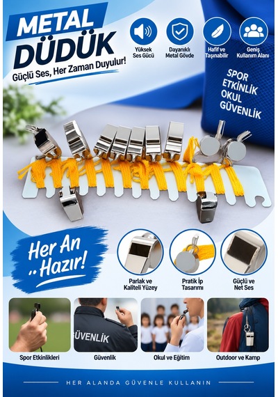 Mucit Home 12 Adet Metal İpli Yüksek Sesli Sos Düdük Kamp İzci Düdüğü