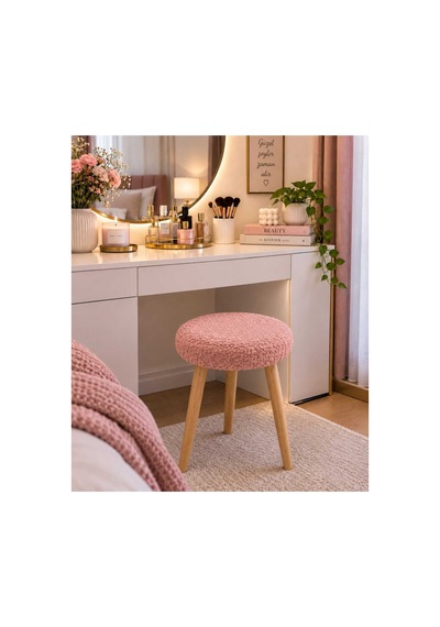 Solo Teddy Kumaş Kaplı Tabure Puf Makyaj Masası Mutfak Balkon Salon Ahşap Ayaklı Tabure Gülkurusu Gülkurusu