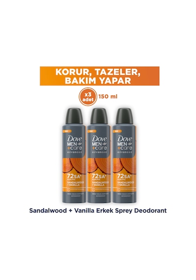 Men +care Advanced Erkek Deodorant 72 Saat Koruma Sandalwood Vanilla 150 ML X3