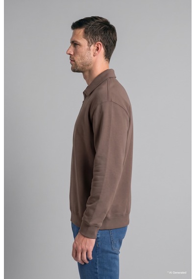Defacto Pamuklu Regular Fıt Polo Yaka Kalın Kumaş Basic Sweatshirt H1833ax26aubn571 Kahve-bn571