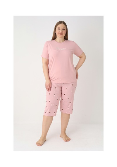 Estiva Kadın Kalp Alt Desenli Pembe Kısa Kollu Kaprili Soft Battal Pijama Takımı Çok renkli