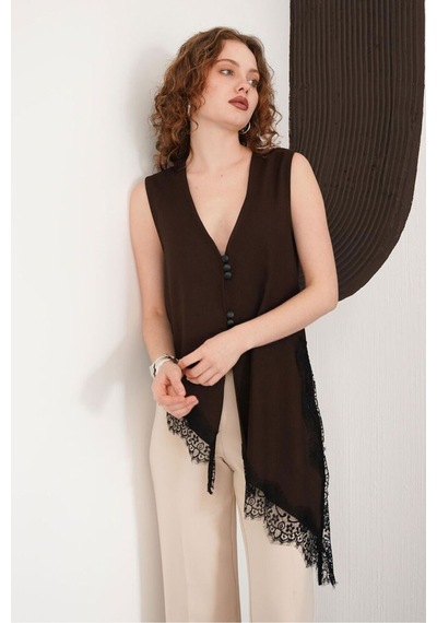 Verymoda Sıfır Kol Etek Ucu Dantel V Yaka Bluz D2993 Kahve