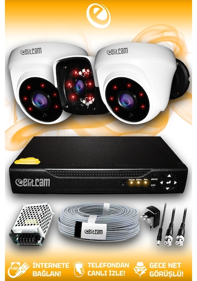 Elitcam 3 Kameralı Panda 2 İç Kamera Set HDD'siz Full HD Gece Görüşlü Güvenlik Kamerası Sistemi