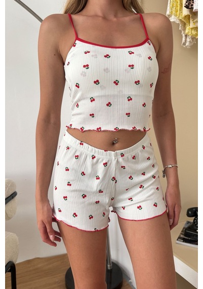Giysa Kadın Askılı Kaplı Kiraz Desenli Şortlu Pijama Takımı Beyaz Kırmızı - 3403 Beyaz - Kırmızı